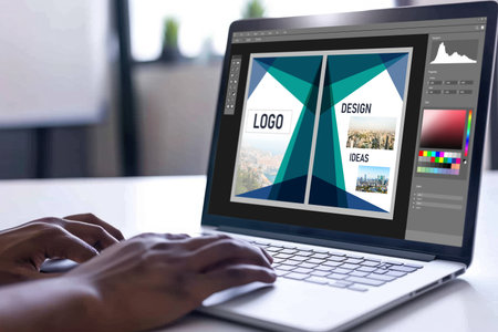 Graphic designer software for modern design of web page and commercial brisk ads showing on the computer screenの素材