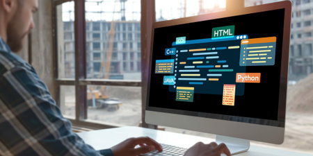 Software development or programming work with coding screen of various programming languages like HTML, , , and C brisk for new application developmentの素材