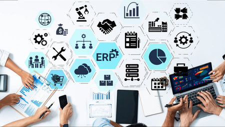 ERP icons show management, integration, and business process. ERP supports data management, ERP efficiency, and ERP organizational solutions. Funnelの写真素材