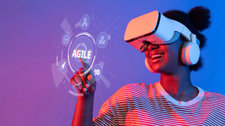 A joyful young woman explores virtual reality with a headset, highlighted by vibrant colors and...