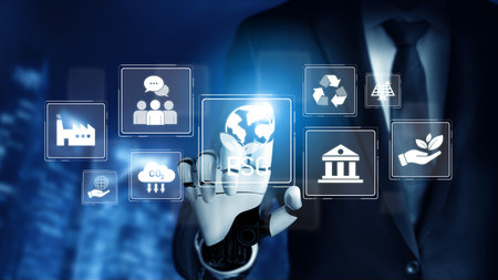 AI supports ESG strategy by analyzing environmental data, monitoring social indicators, and evaluating governance performance to ensure ESG goals are met. Vouchの写真素材