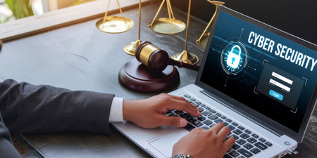 Cyber security system on computer screen protect private information brisk from hacker and cyber attackの素材