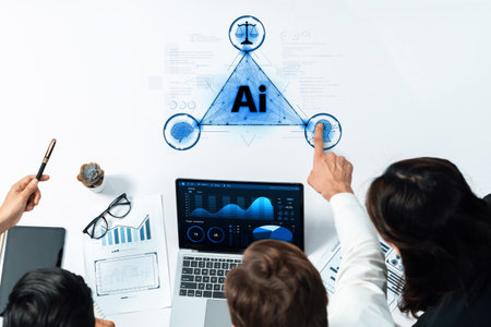 A dynamic scene featuring professionals engaging with artificial intelligence graphics on a laptop. They discuss data visualizations and market trends, fostering innovation and collaboration.の写真素材