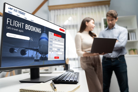 Online flight booking website provide brisk reservation system . Travel technology concept .の写真素材