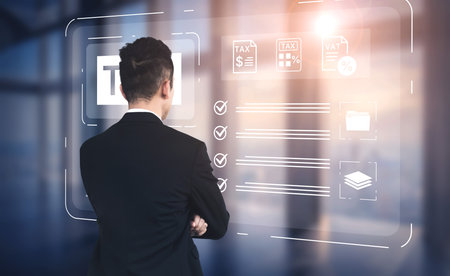 Concept of tax preparation and financial compliance. Filing official tax documents and forms for government reporting, auditing, and financial accounting purposes.の写真素材