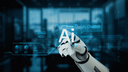 A robotic hand interacts with an advanced AI technology interface, featuring chatbot functions and digital data visuals, set in a contemporary office background.の写真素材