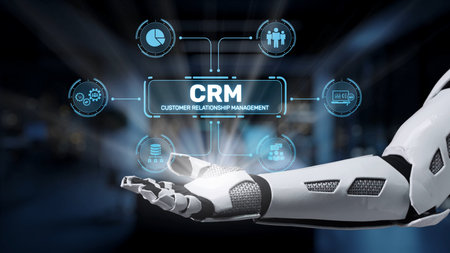 A futuristic robotic arm demonstrates customer relationship management features with innovative technology elements and digital graphics in a modern business environment.の写真素材