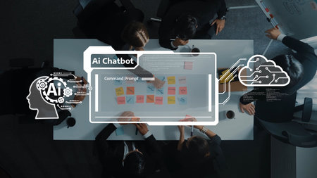 A diverse team engages in an interactive AI chatbot development session, showcasing collaboration, innovative ideas, and digital brainstorming in a professional setting. Rasterの写真素材