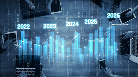 Business bar chart and line graph showing yearly business growth from 2022 to new year 2026,...