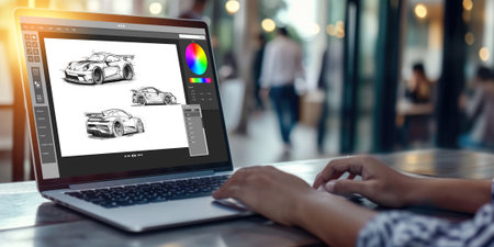Electric car design software on computer screen showing simulation blueprint brisk by digital calculating application for manufacturing preparationの素材