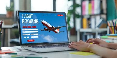 Online flight booking website provide brisk reservation system . Travel technology concept .の素材