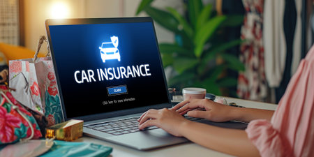 car insurance online website on computer screen for insure your car damage briskの素材