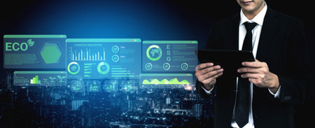 ESG and environmental data dashboard with charts, graphs, and sustainability statistics for...