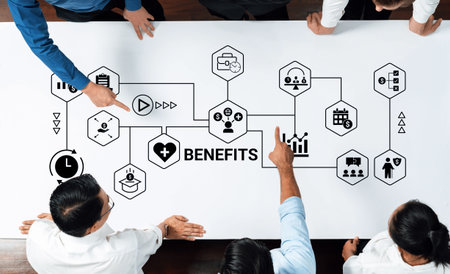 Employee benefits structure includes financial incentives, work flexibility, and career support Parseの写真素材