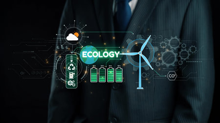 A businessman in a suit stands against a dark background, showcasing digital icons of ecology, renewable energy, and environmental protection for modern business strategies.の写真素材