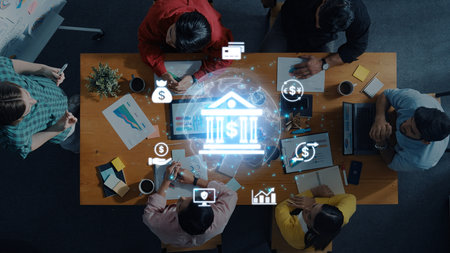 Concept of digital banking and global financial services. A network of secure online transactions, currency exchange, and money management for the international economy.の写真素材