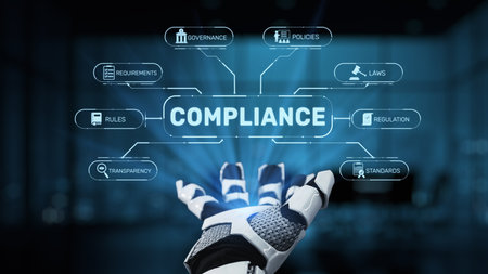 A robotic hand indexes compliance themes such as governance and regulation in a modern setting, symbolizing the integration of technology in compliance management strategies. Synapseの写真素材