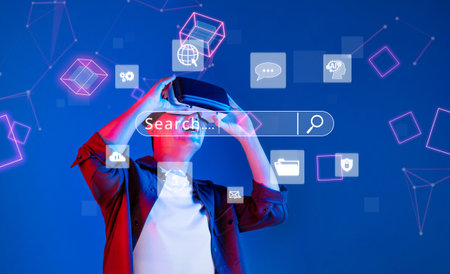 A user wearing a VR headset interacts with a virtual interface showcasing search engine optimization...