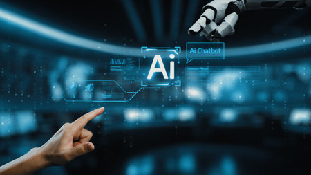 This image showcases a futuristic AI chatbot interface featuring a robotic hand reaching toward a...