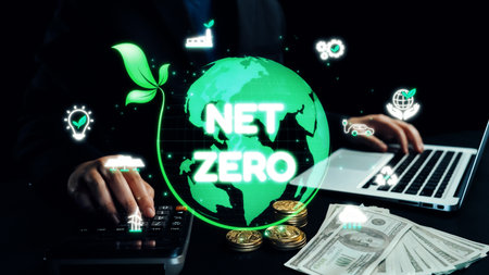 A businessman engaged in financial calculations while surrounded by symbols of net zero and...