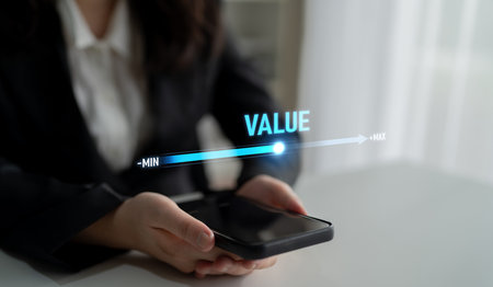 Value measurement and adjustment concept showing value, performance, and optimization level with focus on data analytics, calibration, and improvementの写真素材