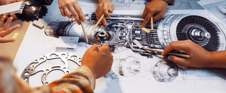 A vibrant scene capturing hands engaged in a collaborative workshop focused on mechanical...