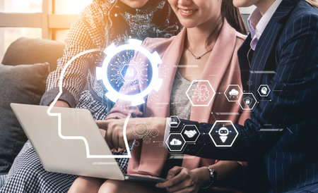 AI integrated with human cognition, supporting decision-making, automation, robotics, data analysis, and secure digital collaboration through intelligent systemsの写真素材