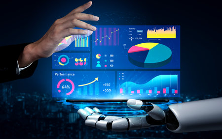 Innovative concept of a robotic hand interacting with a digital interface showcasing data...