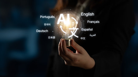 Global communication with multiple languages, digital translation tools, multilingual technology, cross-cultural communication, and virtual language learning environments.の写真素材