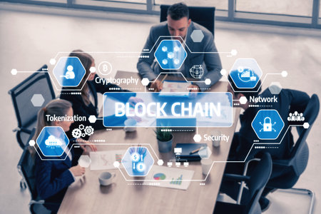 A diverse business team engages in a dynamic discussion about blockchain technology, visualizing key concepts like security, network, and tokenization in a modern office setting. Tesselの写真素材