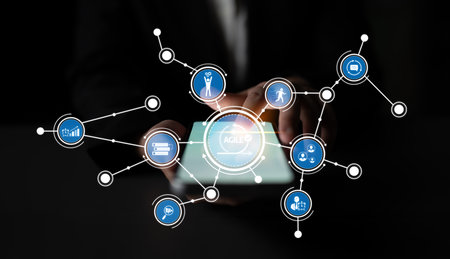 A dynamic representation of agile methodologies showcasing various icons and data connections, highlighting innovation in business practices through digital technology. Cruxの写真素材