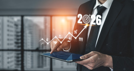 2026 business goal and growth strategy focuses on business, goal, and growth through roadmap, development, and team-driven achievement with future planning.の写真素材