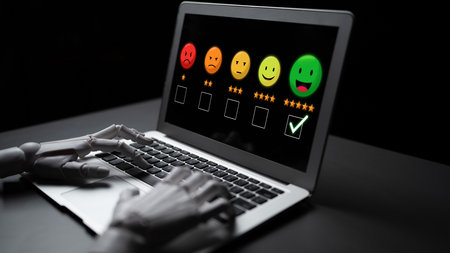 AI analyzes customer reviews with sentiment tools and virtual assistants to improve satisfaction, refine services, and enhance brand reputation.の写真素材