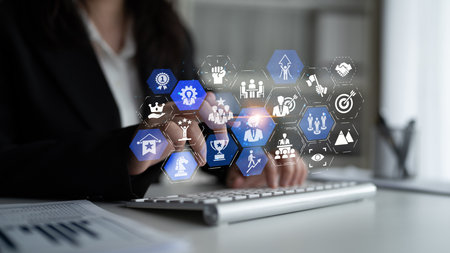 Leadership icons symbolize teamwork, vision, and decision-making. Leadership guides business, leadership drives growth, and leadership supports management success.の写真素材