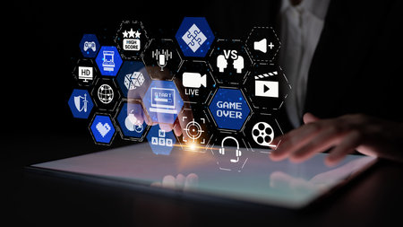 Gaming icons show online gaming, game streaming, and interactive play. Gaming supports esports, game...