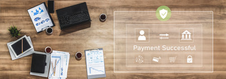 Successful transaction message showing secure payment. Payment confirmed, secured, payment processed, and payment completed with trust and transaction integrity. Vouchの写真素材