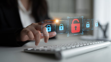 Digital security concept illustrating a cybersecurity breach, with a red unlocked padlock indicating...
