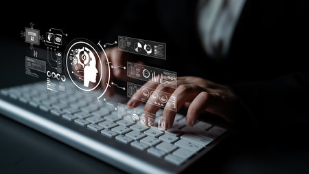 AI assistant with LLM, big data, machine learning, and generative AI powers prompt engineering and supports agentic AI for advanced business applications.の写真素材