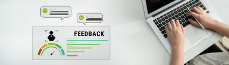 A system for collecting customer feedback and measuring service quality. A dashboard with user reviews, ratings, and a satisfaction meter. Motifの写真素材