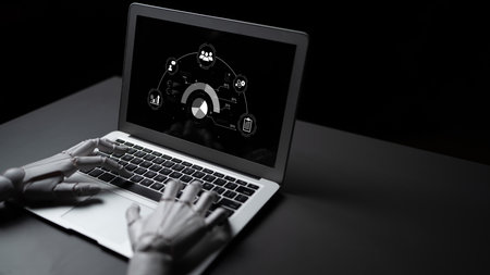 An AI assistant presents a project management dashboard with real-time data analysis. This smart business intelligence system visualizes workflow metrics and team performance.の写真素材