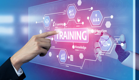 An interactive digital interface showcasing training and education concepts, with a focus on technology and innovation in modern learning environments. Tesselの写真素材