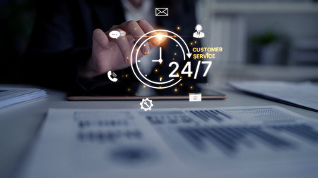 Concept of 24-hour customer service. Providing constant, non-stop support and assistance through multiple channels like phone, email, and chat for customer satisfaction.の写真素材