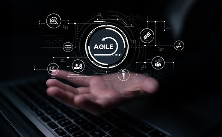 Agile project management using teams and agile planning for agile development. Agile enables flexibility, collaboration, and continuous improvement across modern workflows.の写真素材