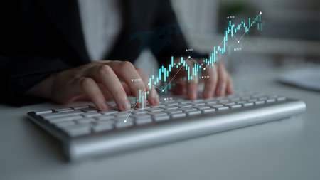 Stock market analysis with candlestick chart and price movement trend line, highlighting global...