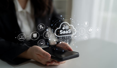 Visual representation of SaaS showing infrastructure, SaaS deployment, SaaS platform features, and SaaS integration model in digital environment. Splineの写真素材
