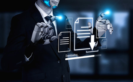 AI facilitates digital document downloading and data access with optimized transfer process, improving speed, security, and file management for various usersの写真素材