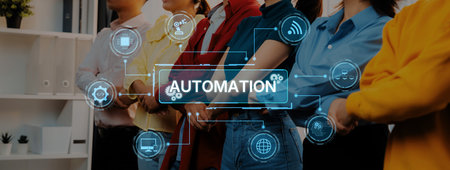 A diverse group of professionals stands united, symbolizing collaboration and innovation in automation and digital transformation within the modern workplace environment.の写真素材