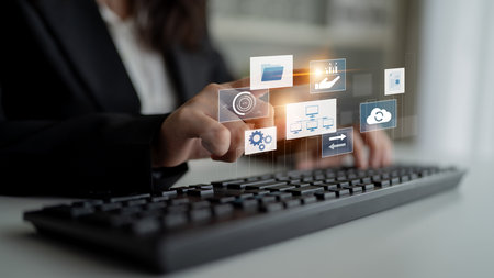 Digital business infrastructure with data system, analytics, sync. System management improves access, system management ensures performance, and system management supports digital operations.の写真素材