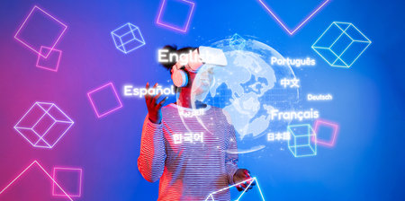 Experience the intersection of technology and language learning through immersive virtual reality, enhancing communication and understanding in a global context.の写真素材