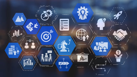 Business strategy defines goals and long-term direction. A clear business strategy supports decision-making, with business strategy driving growth and business strategy execution.の写真素材